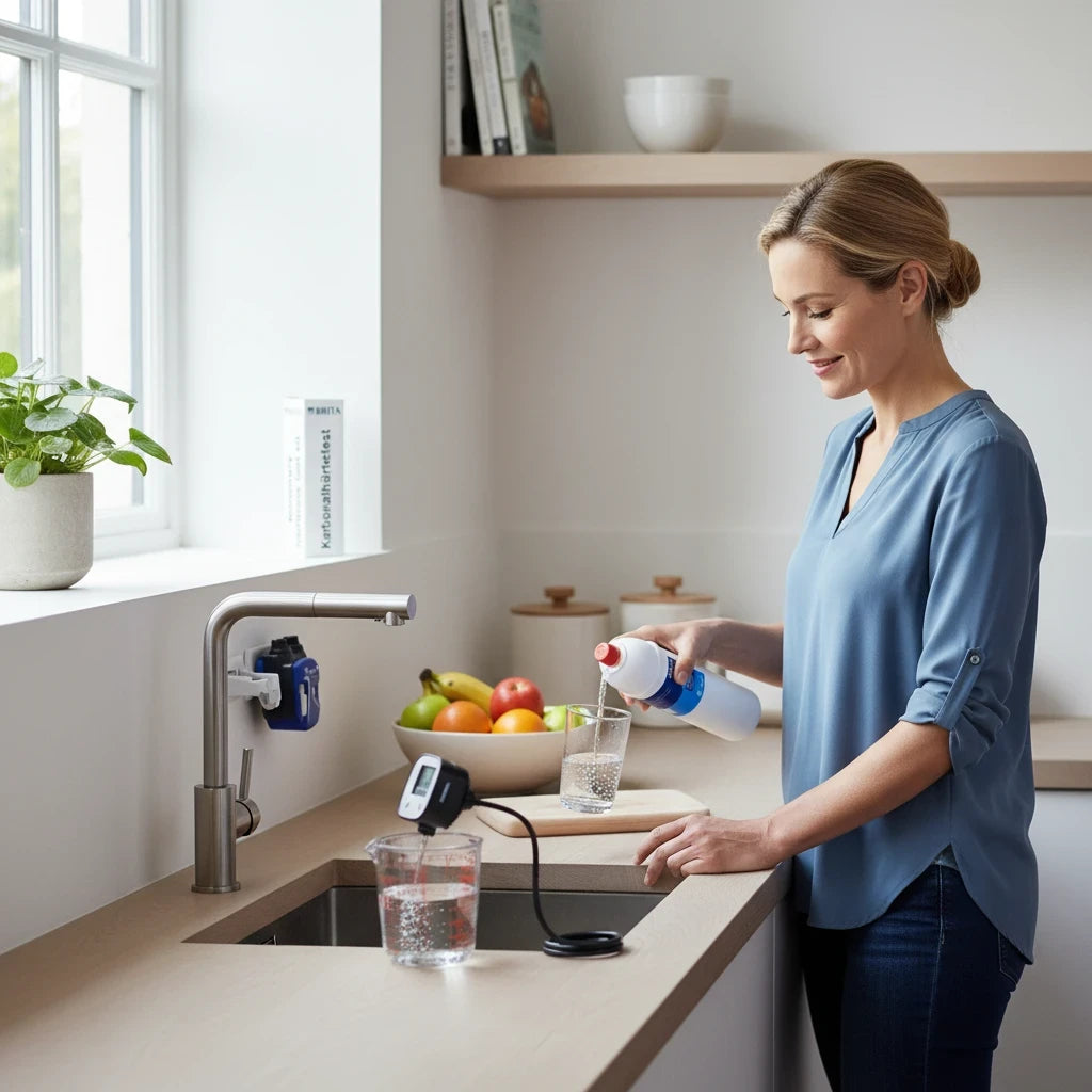 Frau nutzt Wasserfilter von BWT und BRITA immer günstig Brita C300 Starterset Nr.7 in einer modernen Küche