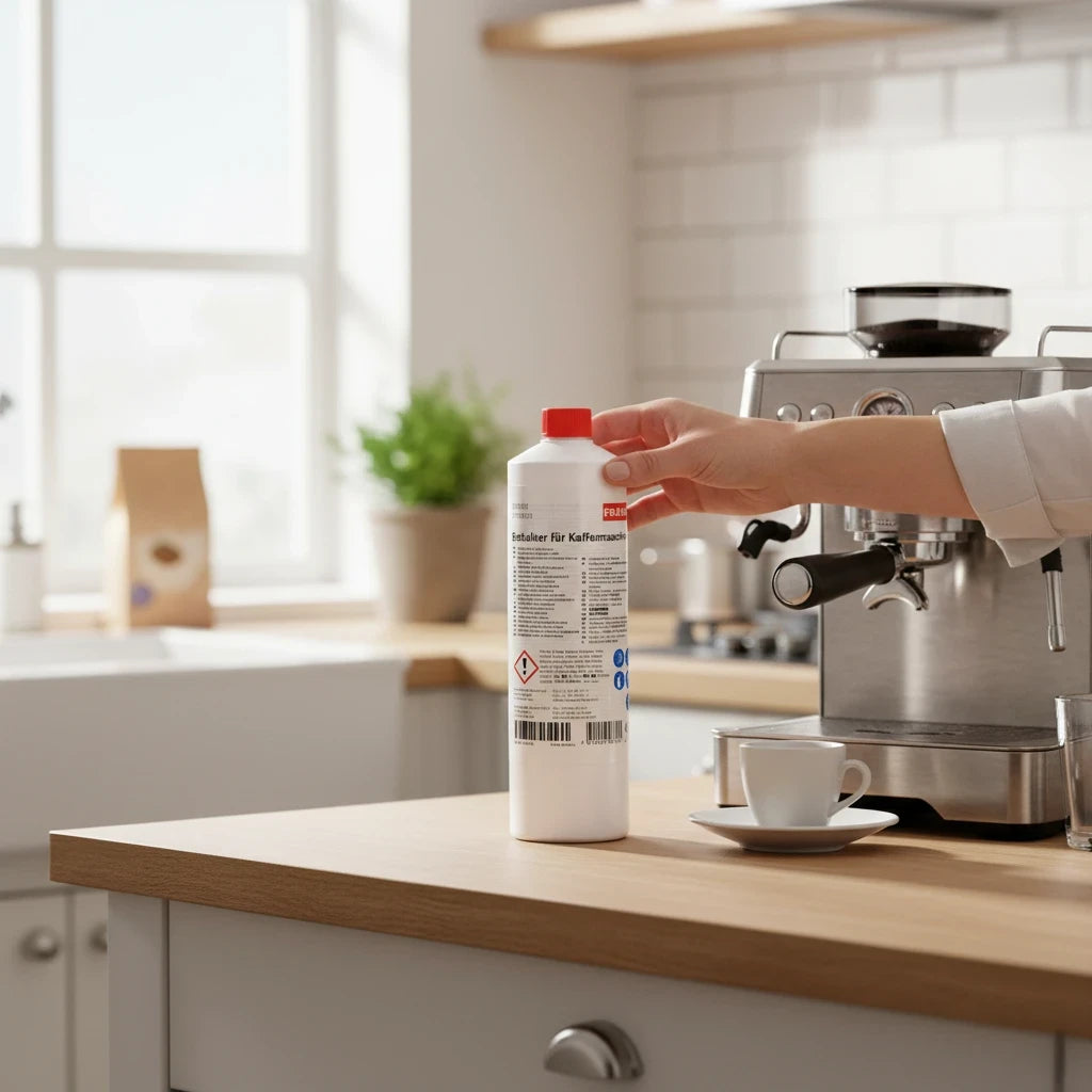 Wasserfilter von BWT und BRITA immer günstig Franke Spezialentkalker 700ml Flasche neben einer Kaffeemaschine